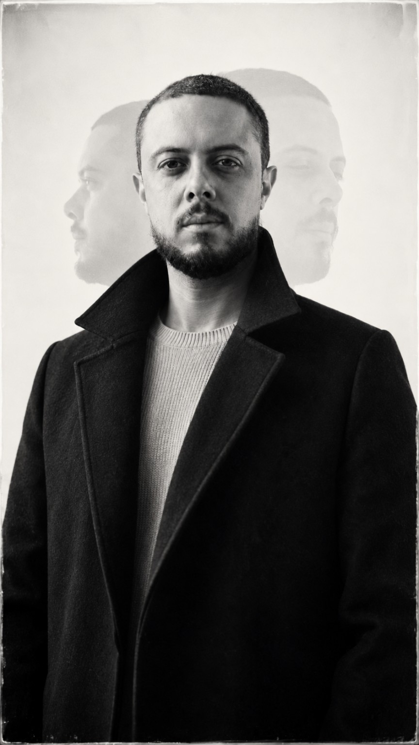 Retrato editorial em preto e branco de Tiago Amaral